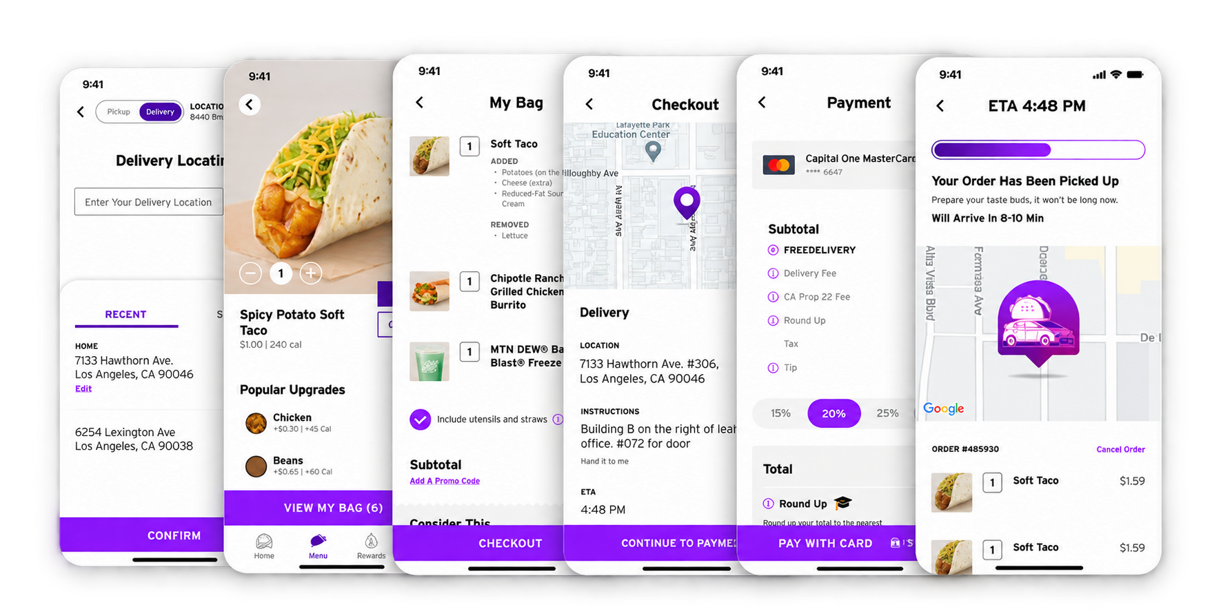 Taco Bell delivery journey: location, menu, bag, checkout, payment, and order tracking. AI-assisted presentation cleanup.