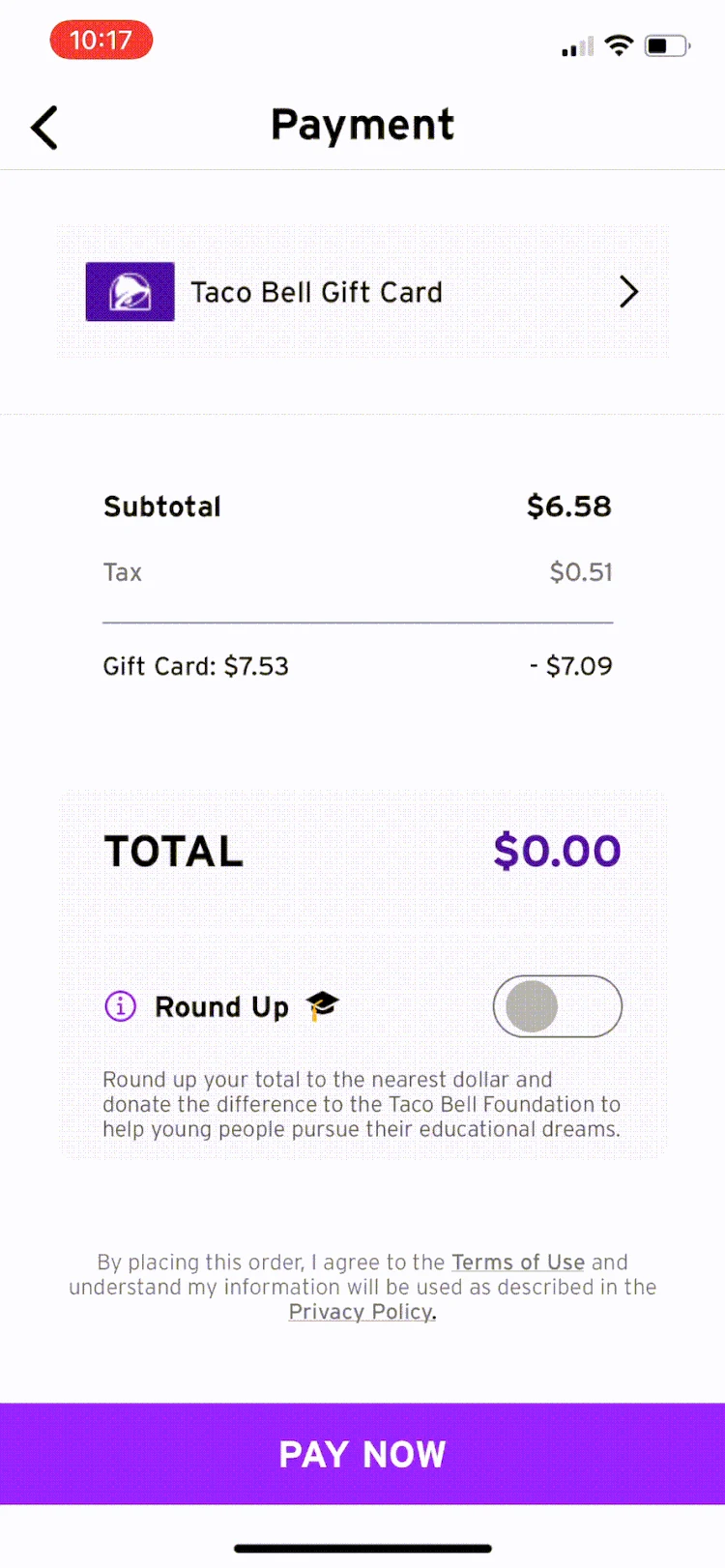 Gift card payment and round-up interaction