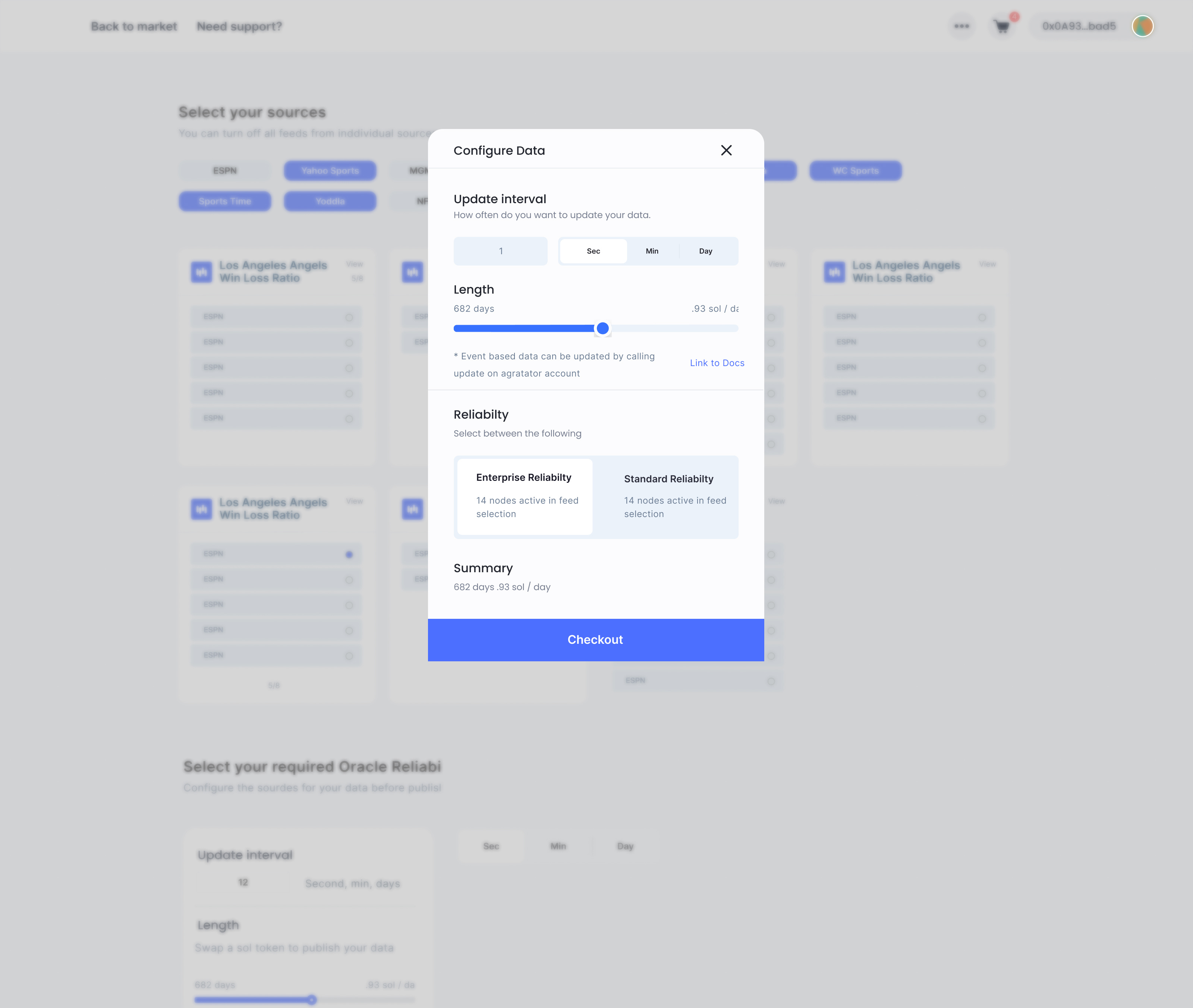 Switchboard Configure Data: update interval, duration, reliability, price summary, and Checkout in one guided flow.