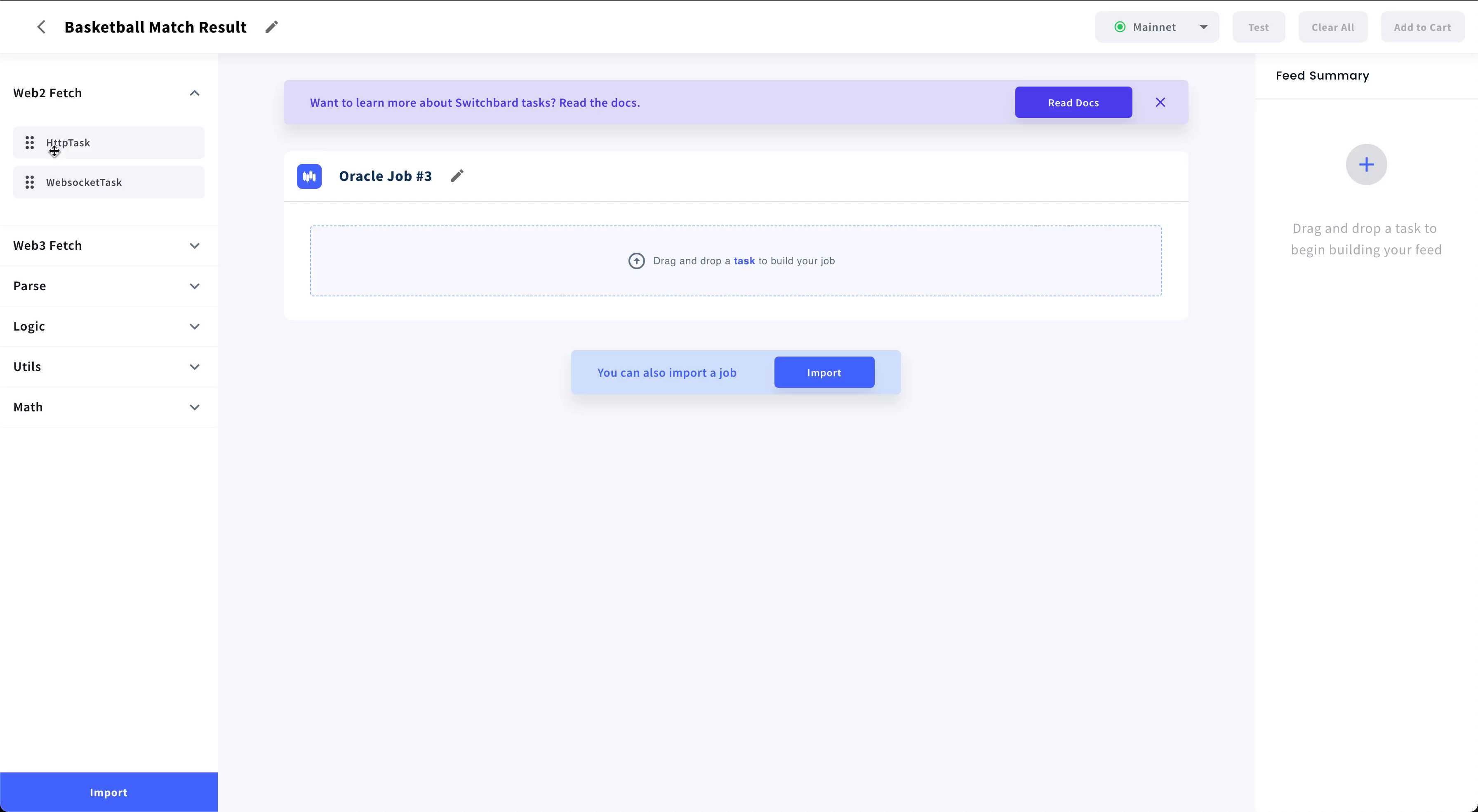 Switchboard: in-context documentation, task categories, an import option, and an empty-state prompt guide the next step.